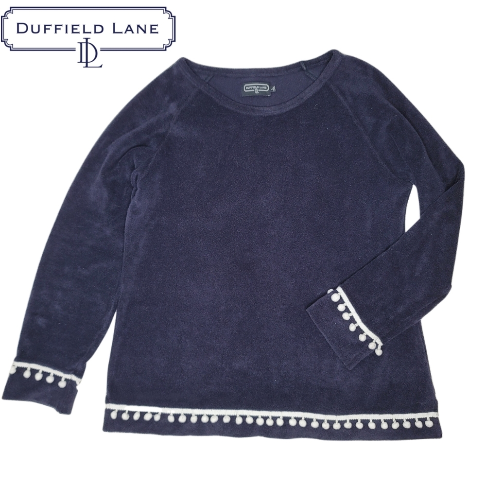 Duffield lane cotton soft fluffy navy pom pom long sleeve top size large.